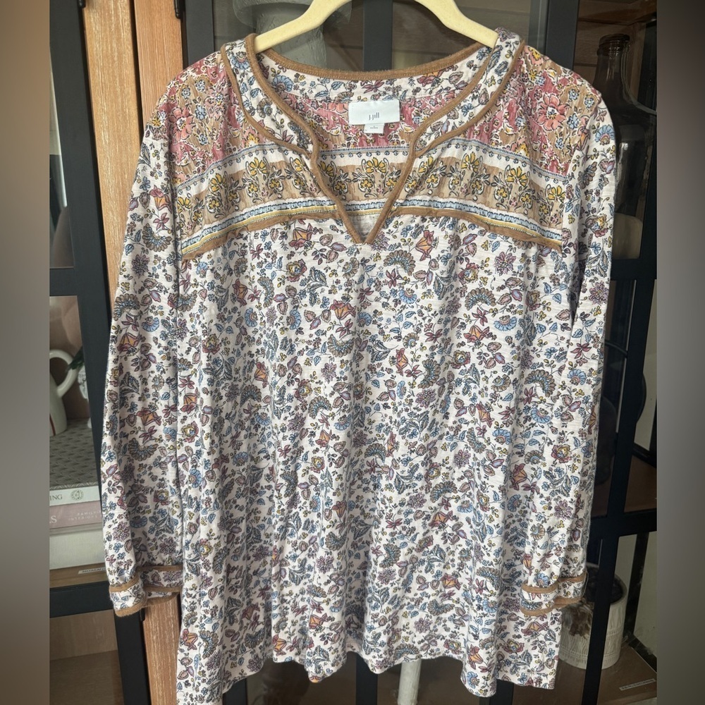J. Jill modal blouse floral cotton tencel 3/4 long sleeves block print tunic top